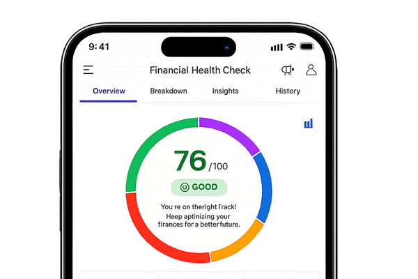AlphaFunda app financial health check score of 76 out of 100