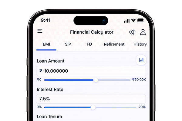 AlphaFunda app financial calculator showing EMI, SIP, FD and retirement planning tools