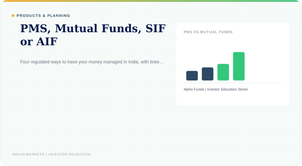 PMS, Mutual Funds, SIF or AIF: Matching the Wrapper to the Wallet 5 PMS, Mutual Funds, SIF or AIF: Matching the Wrapper to the Wallet — Alpha Funda investor education illustration featuring PMS vs mutual funds