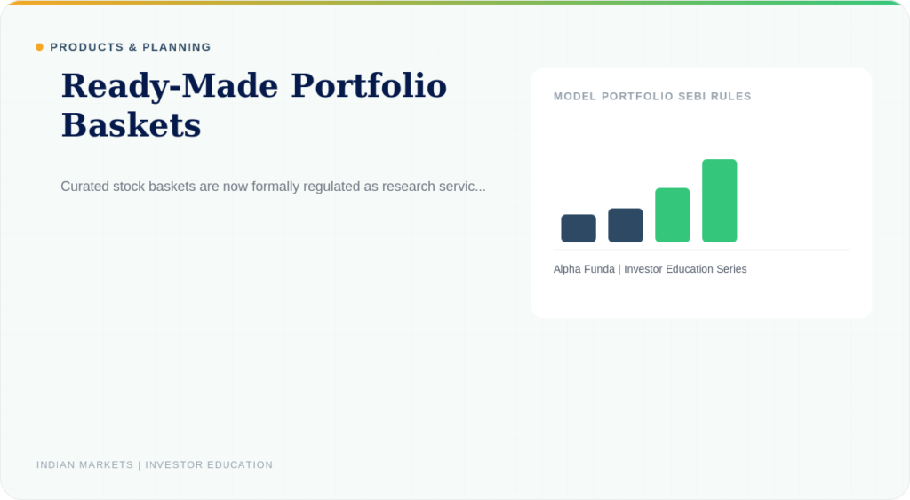Ready-Made Portfolio Baskets: What SEBI's Model Portfolio Rules Changed 4 Ready-Made Portfolio Baskets: What SEBI’s Model Portfolio Rules Changed — Alpha Funda investor education illustration featuring model portfolio SEBI rules